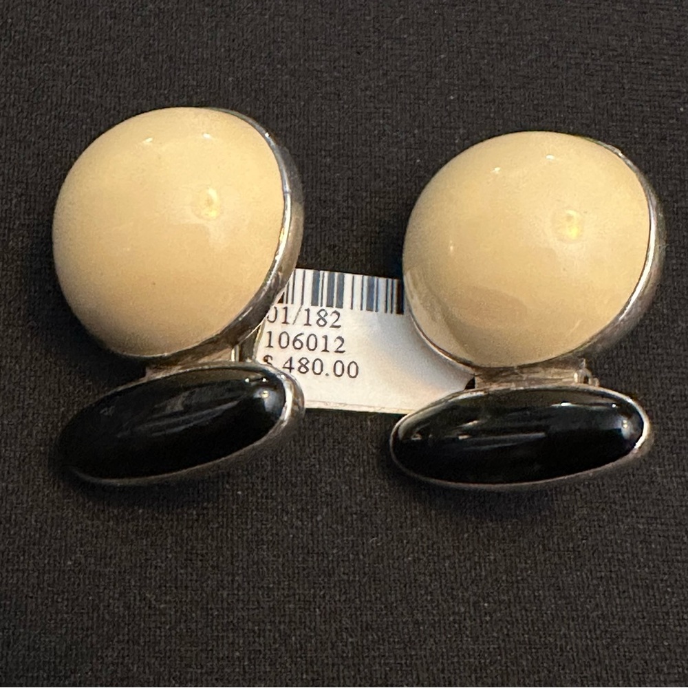 Rebecca Collins Vintage Bone Onyx Clip Signed Earrings